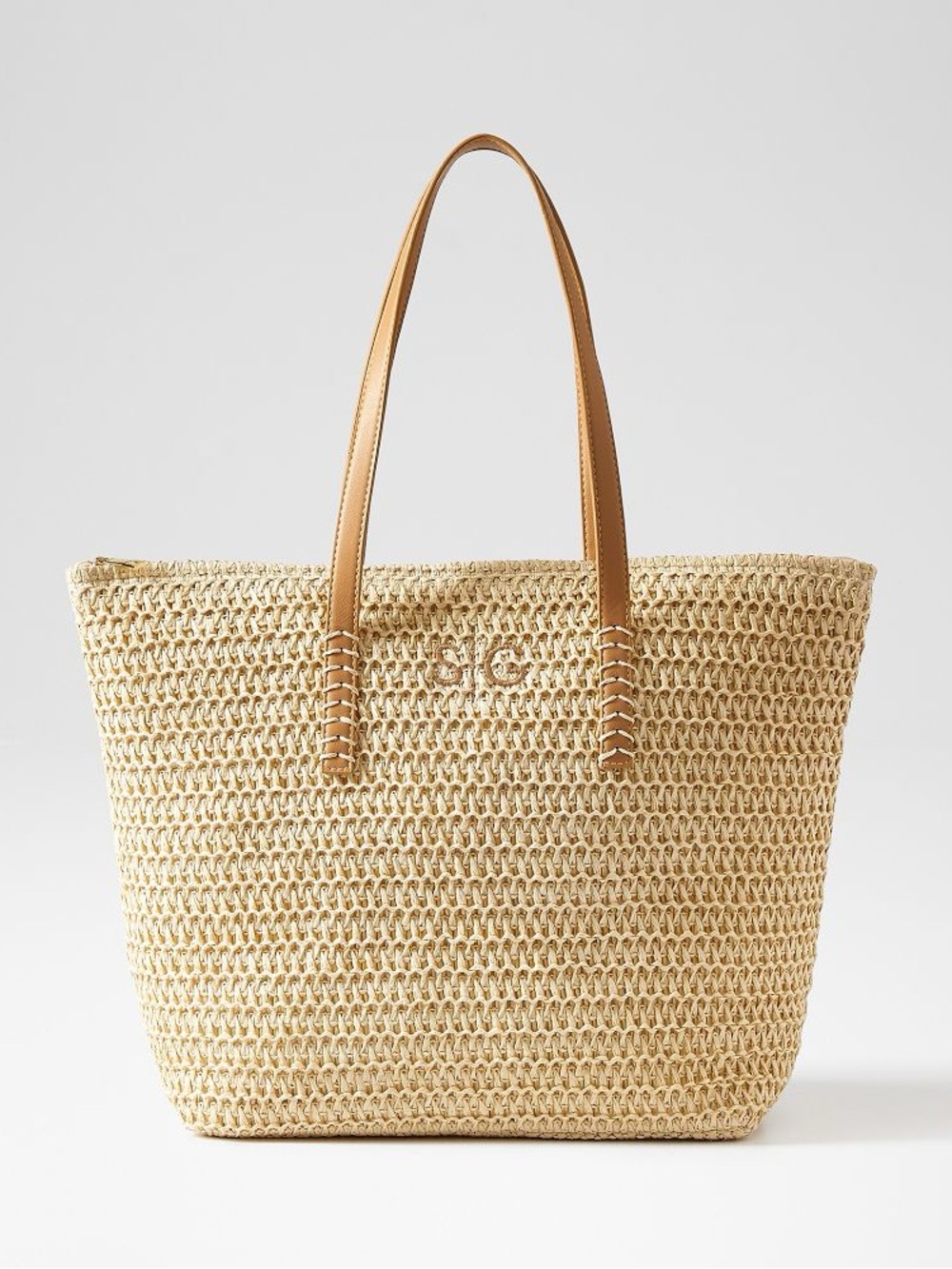 Mark & Graham Stinson Straw Zip-Top Tote with Tan Leather Handles